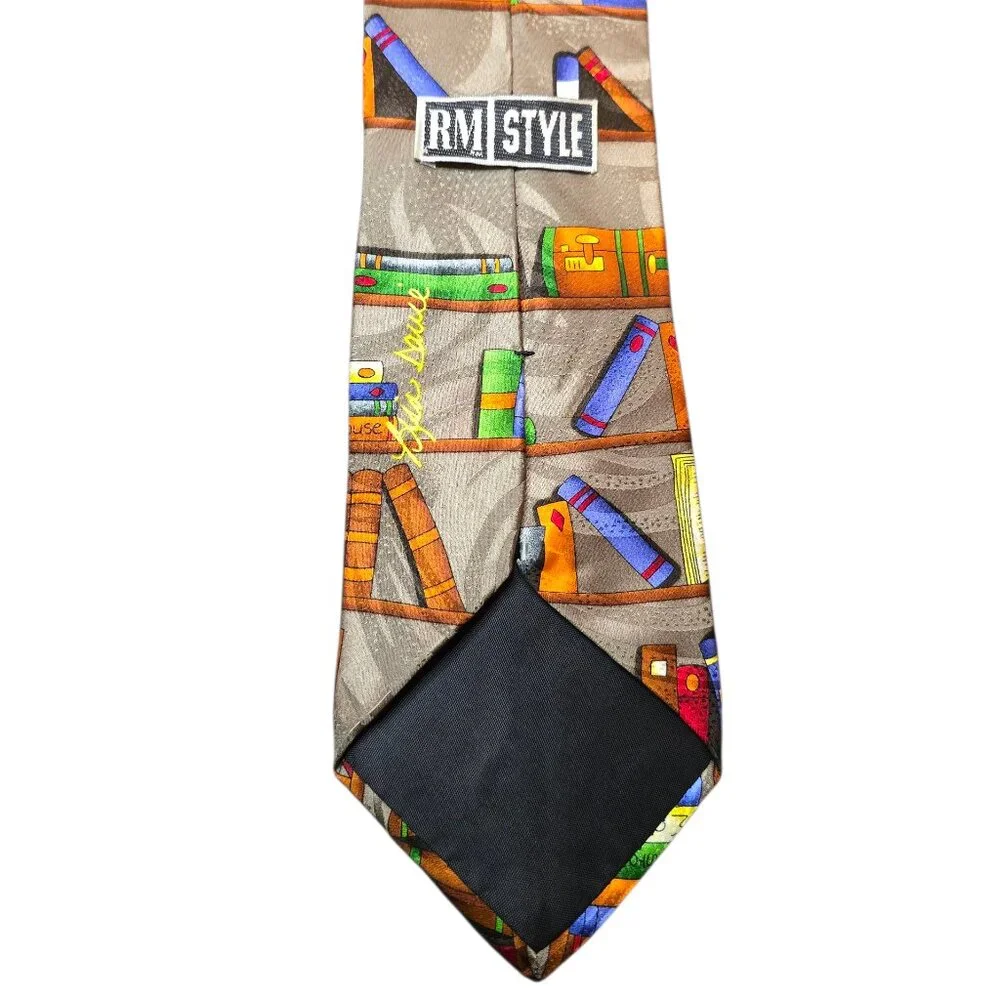 100% Silk Cat Bookshelf Library Novelty Tie Book Lover Teacher Librarian Necktie